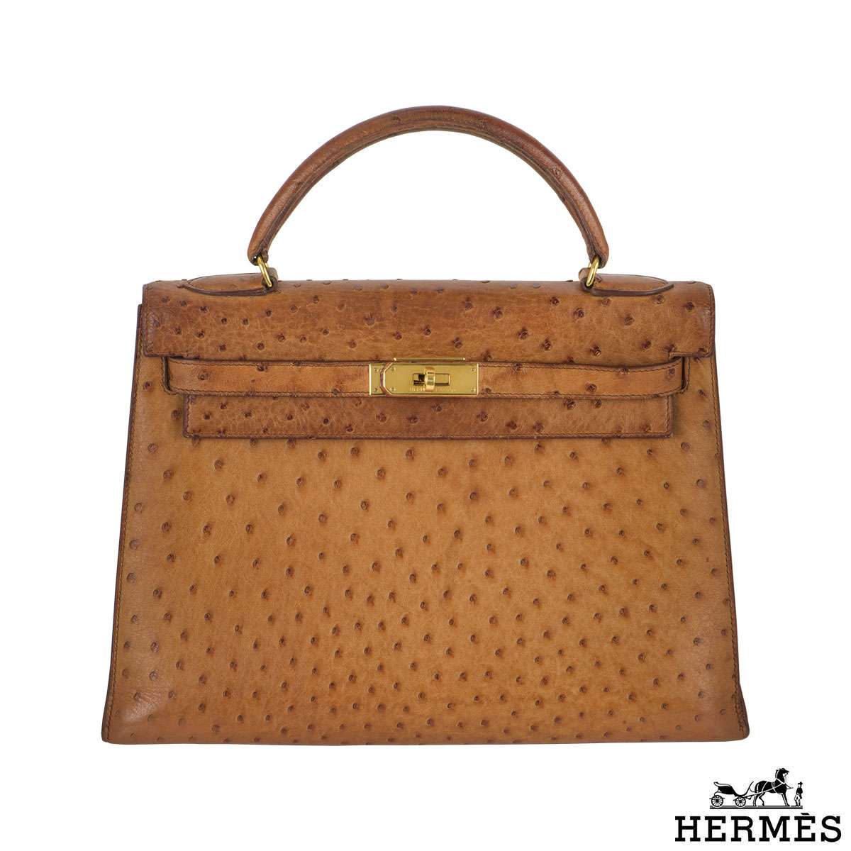 Hermes Kelly 32 Ostrich Exotic Yellow Gold Top Handle Satchel Shoulder Bag  at 1stDibs